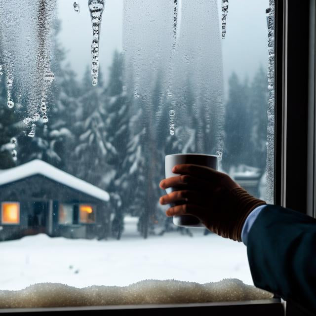Someone holding a cup of JML Coffee looking out the window to see a cabin in the distance with a harsh snow cover.