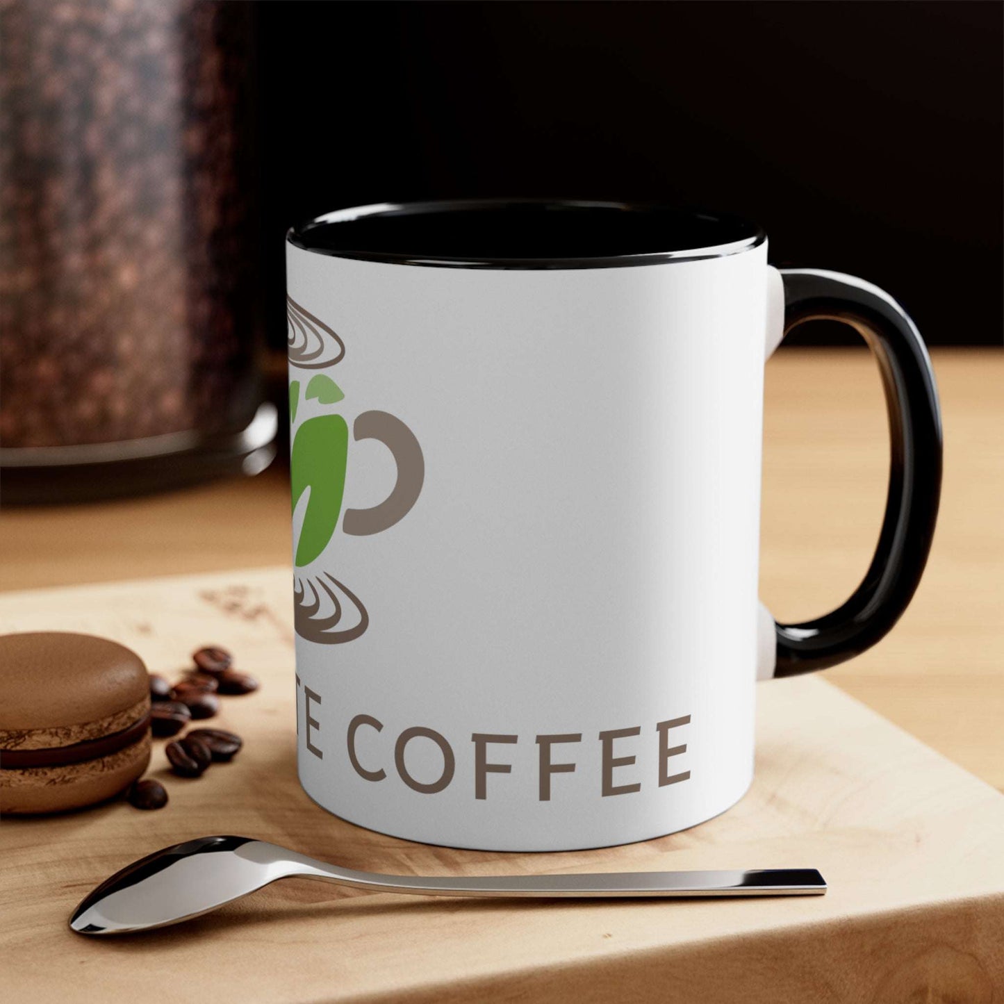 11oz  Black Accented Marquette Coffee Logo Gift Mug With Kitchen backdrop