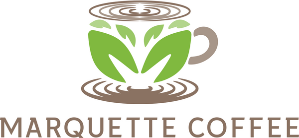 Marquette Coffee Logo of a cup of coffee with artistic drawing of tea leaves.